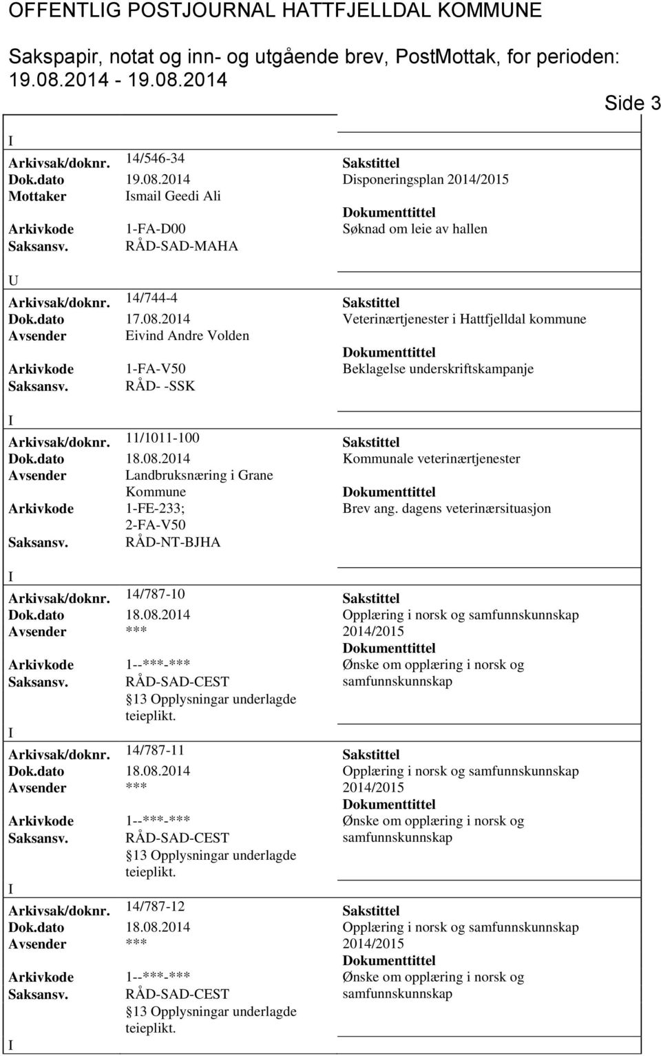 2014 Veterinærtjenester i Hattfjelldal kommune Avsender Eivind Andre Volden Arkivkode 1-FA-V50 Beklagelse underskriftskampanje Saksansv. RÅD- -SSK Arkivsak/doknr.