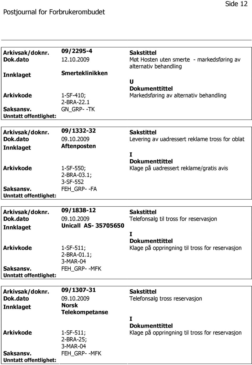 1; 3-SF-552 Klage på uadressert reklame/gratis avis FEH_GRP- -FA Arkivsak/doknr. 09/1838-12 Sakstittel Dok.dato 09.10.