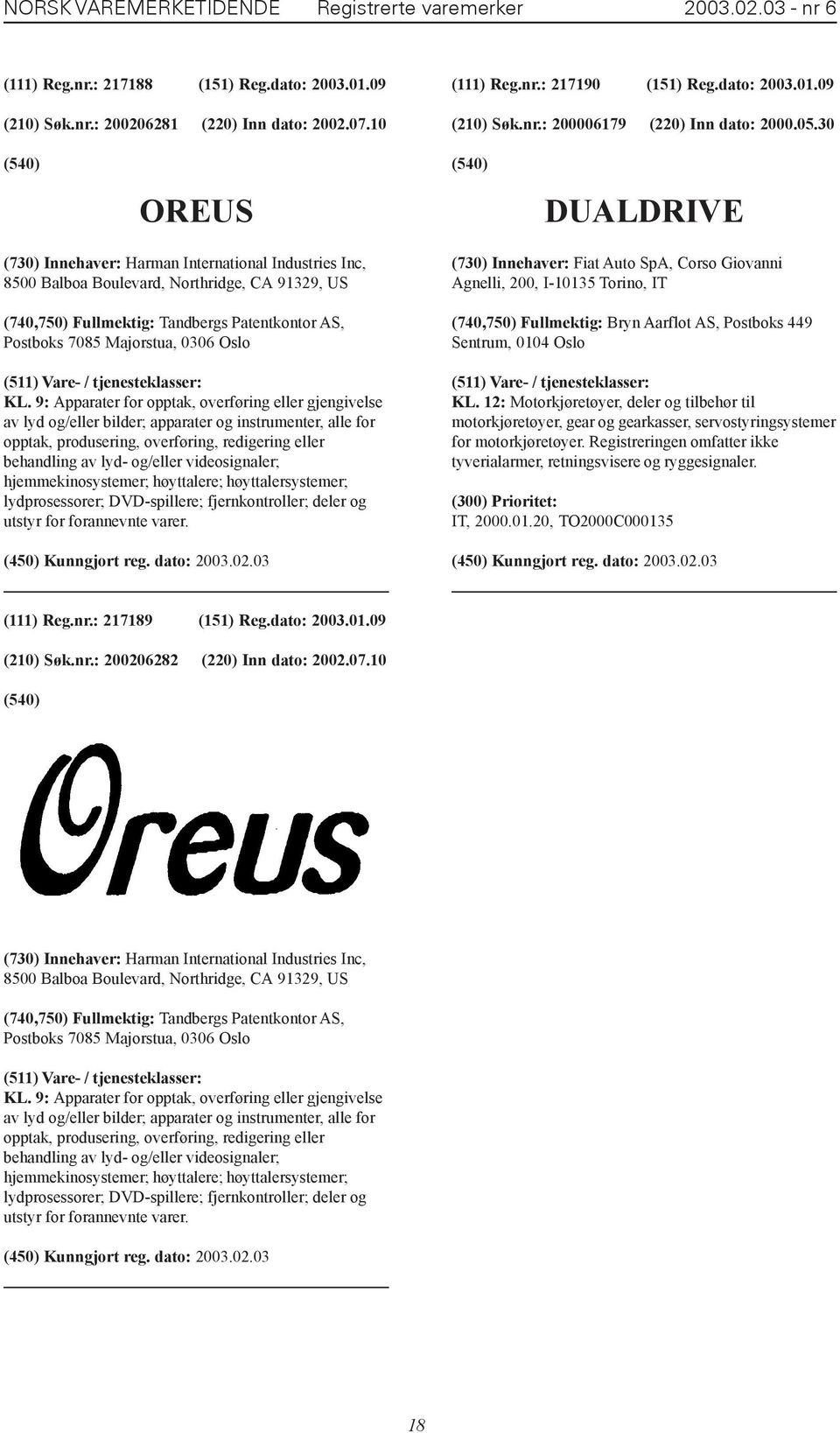 30 OREUS DUALDRIVE (730) Innehaver: Harman International Industries Inc, 8500 Balboa Boulevard, Northridge, CA 91329, US (740,750) Fullmektig: Tandbergs Patentkontor AS, Postboks 7085 Majorstua, 0306