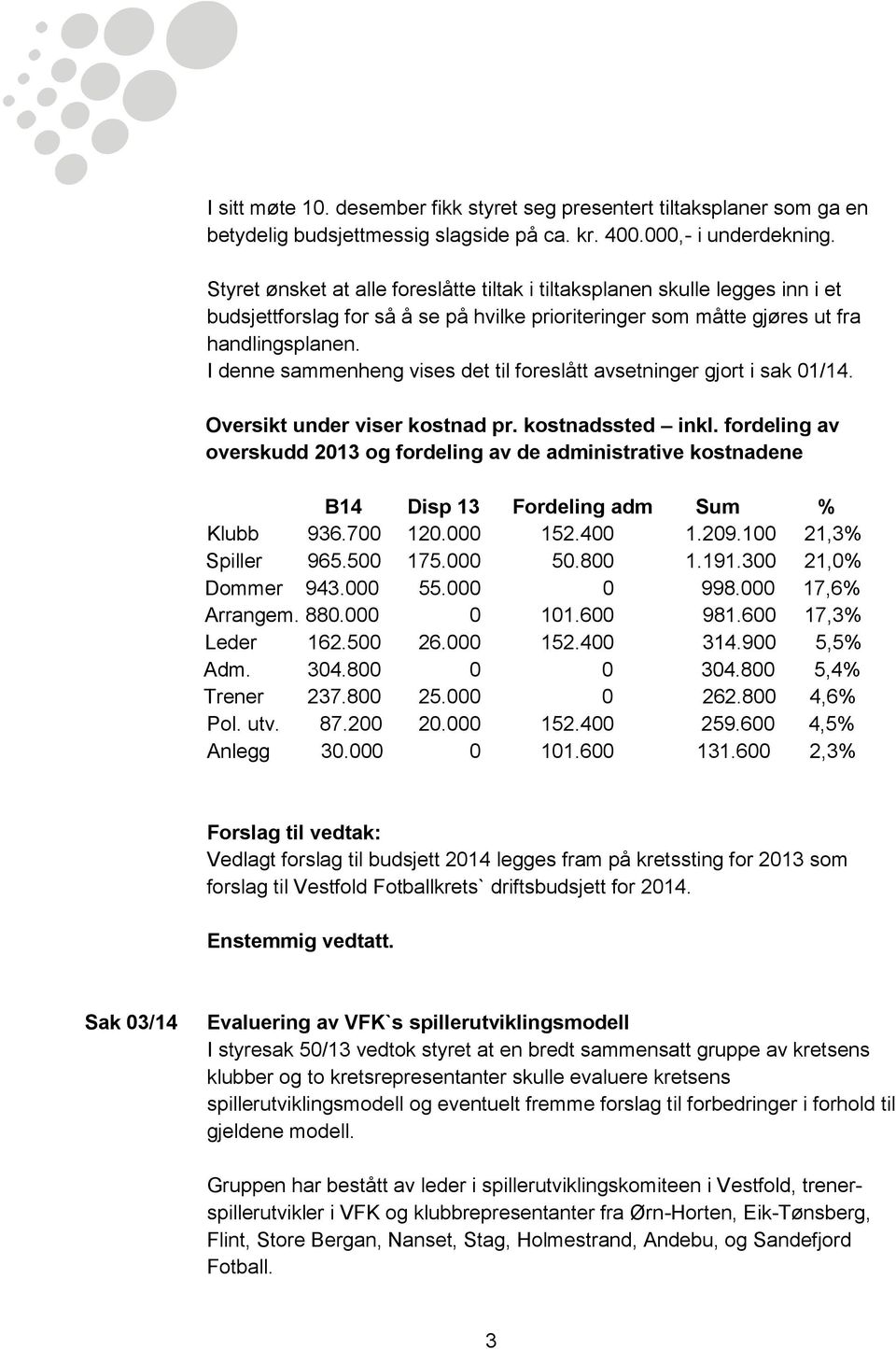 I denne sammenheng vises det til foreslått avsetninger gjort i sak 01/14. Oversikt under viser kostnad pr. kostnadssted inkl.