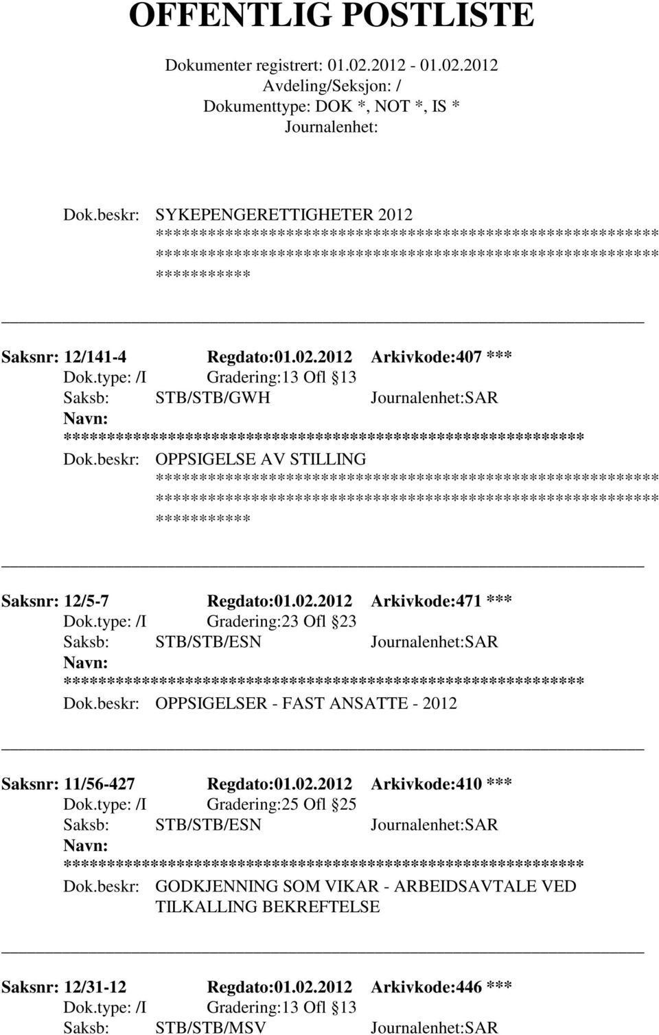 beskr: OPPSIGELSER - FAST ANSATTE - 2012 Saksnr: 11/56-427 Regdato:01.02.2012 Arkivkode:410 *** 25 Ofl 25 Saksb: STB/STB/ESN SAR ** Dok.