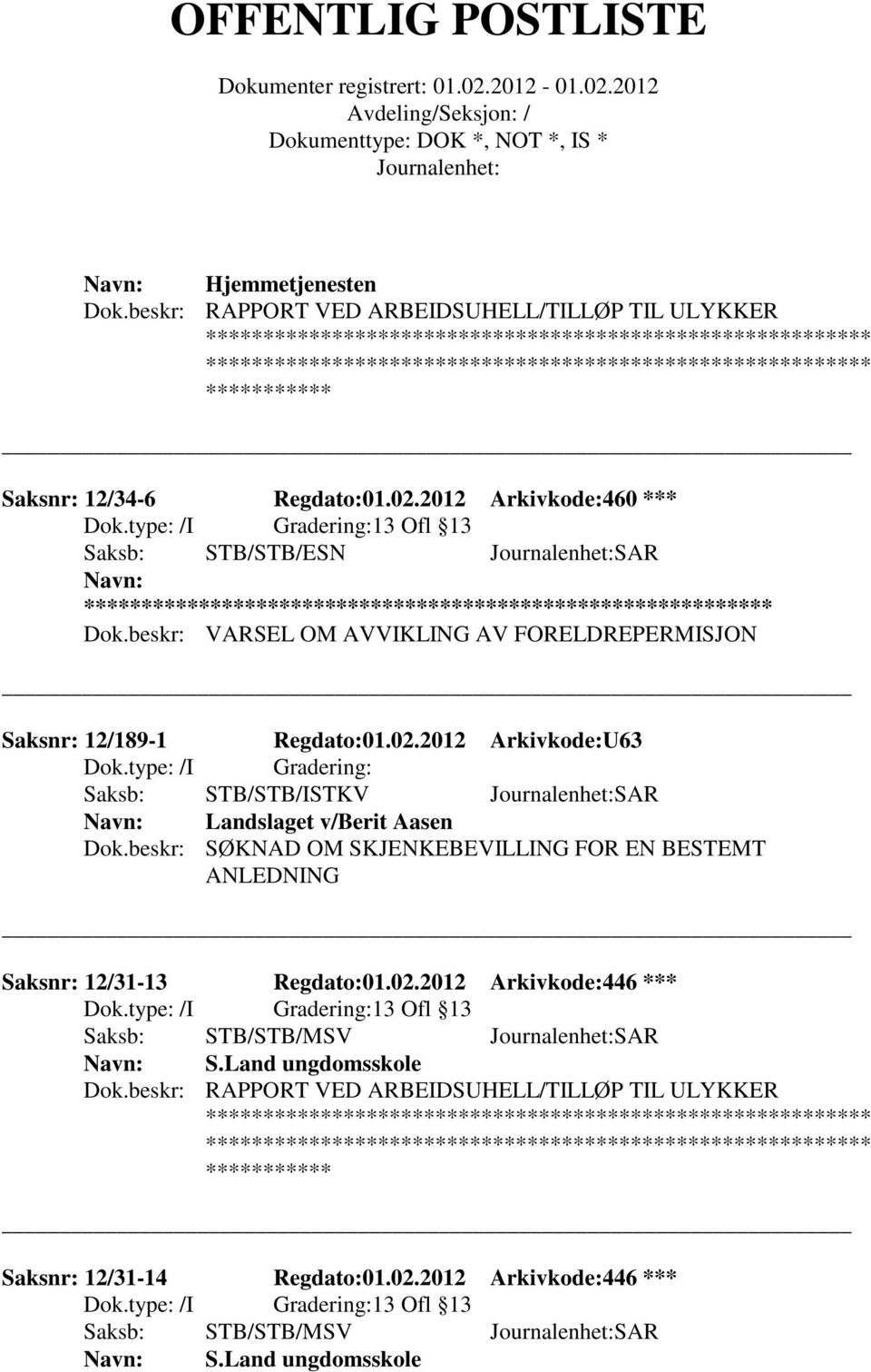 2012 Arkivkode:U63 Saksb: STB/STB/ISTKV SAR Landslaget v/berit Aasen Dok.beskr: SØKNAD OM SKJENKEBEVILLING FOR EN BESTEMT ANLEDNING Saksnr: 12/31-13 Regdato:01.