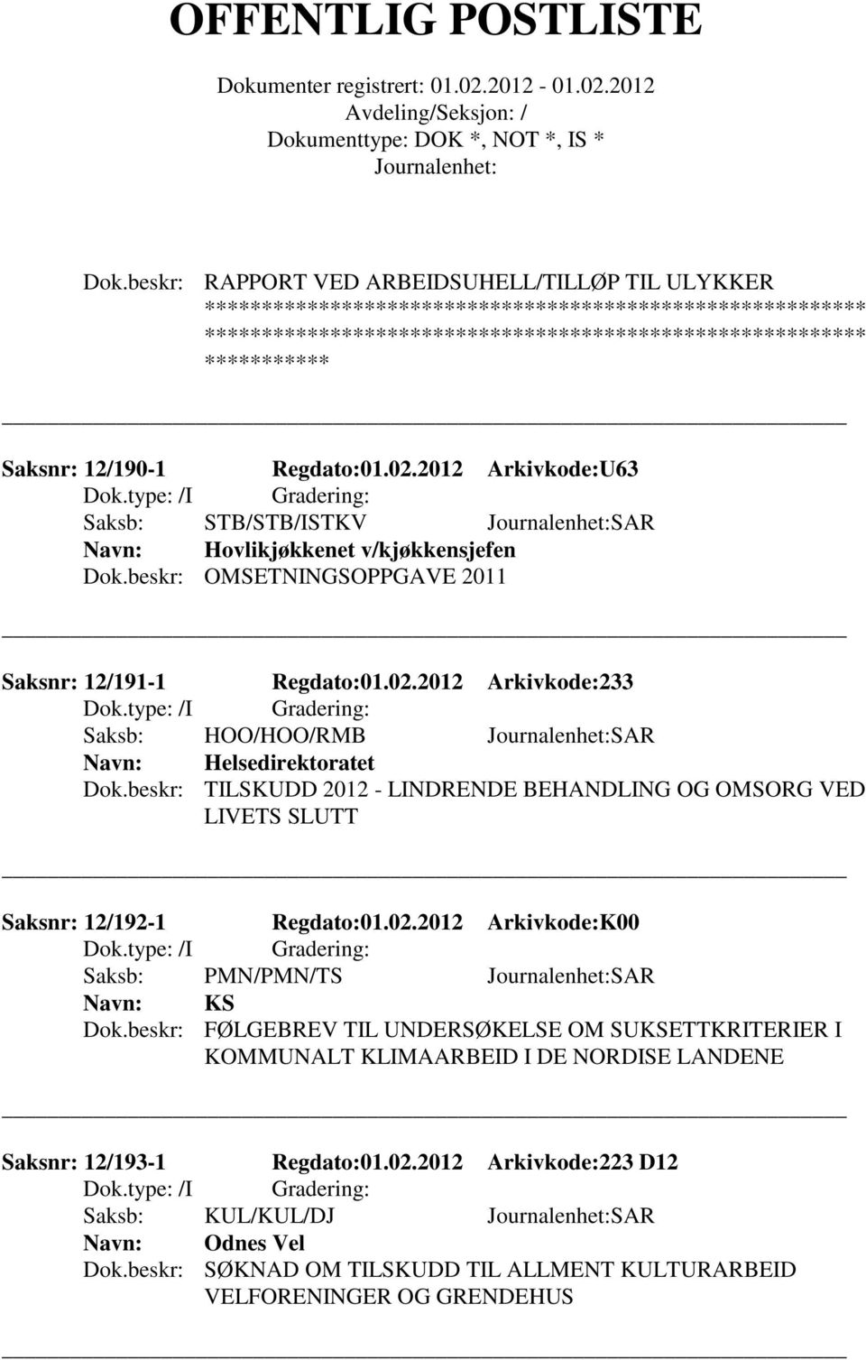 beskr: TILSKUDD 2012 - LINDRENDE BEHANDLING OG OMSORG VED LIVETS SLUTT Saksnr: 12/192-1 Regdato:01.02.2012 Arkivkode:K00 Saksb: PMN/PMN/TS SAR KS Dok.