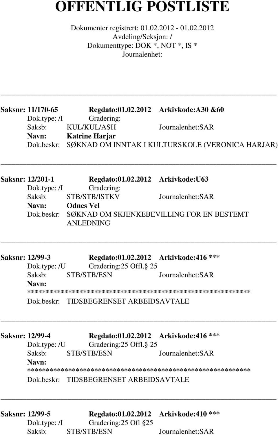 beskr: SØKNAD OM SKJENKEBEVILLING FOR EN BESTEMT ANLEDNING Saksnr: 12/99-3 Regdato:01.02.2012 Arkivkode:416 *** 25 Offl. 25 Saksb: STB/STB/ESN SAR ** Dok.