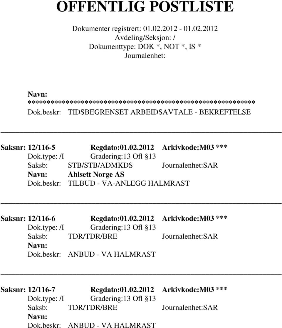 beskr: TILBUD - VA-ANLEGG HALMRAST Saksnr: 12/116-6 Regdato:01.02.