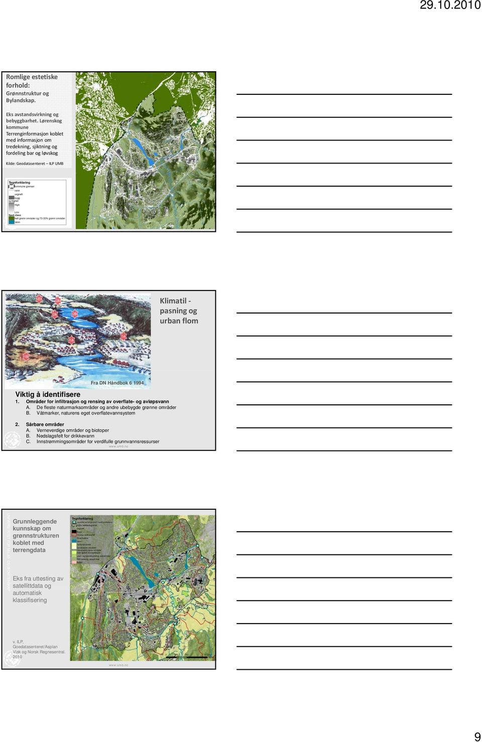 Viktig å identifisere 1. Områder for infiltrasjon og rensing av overflate- og avløpsvann A. De fleste naturmarksområder og andre ubebygde grønne områder B.