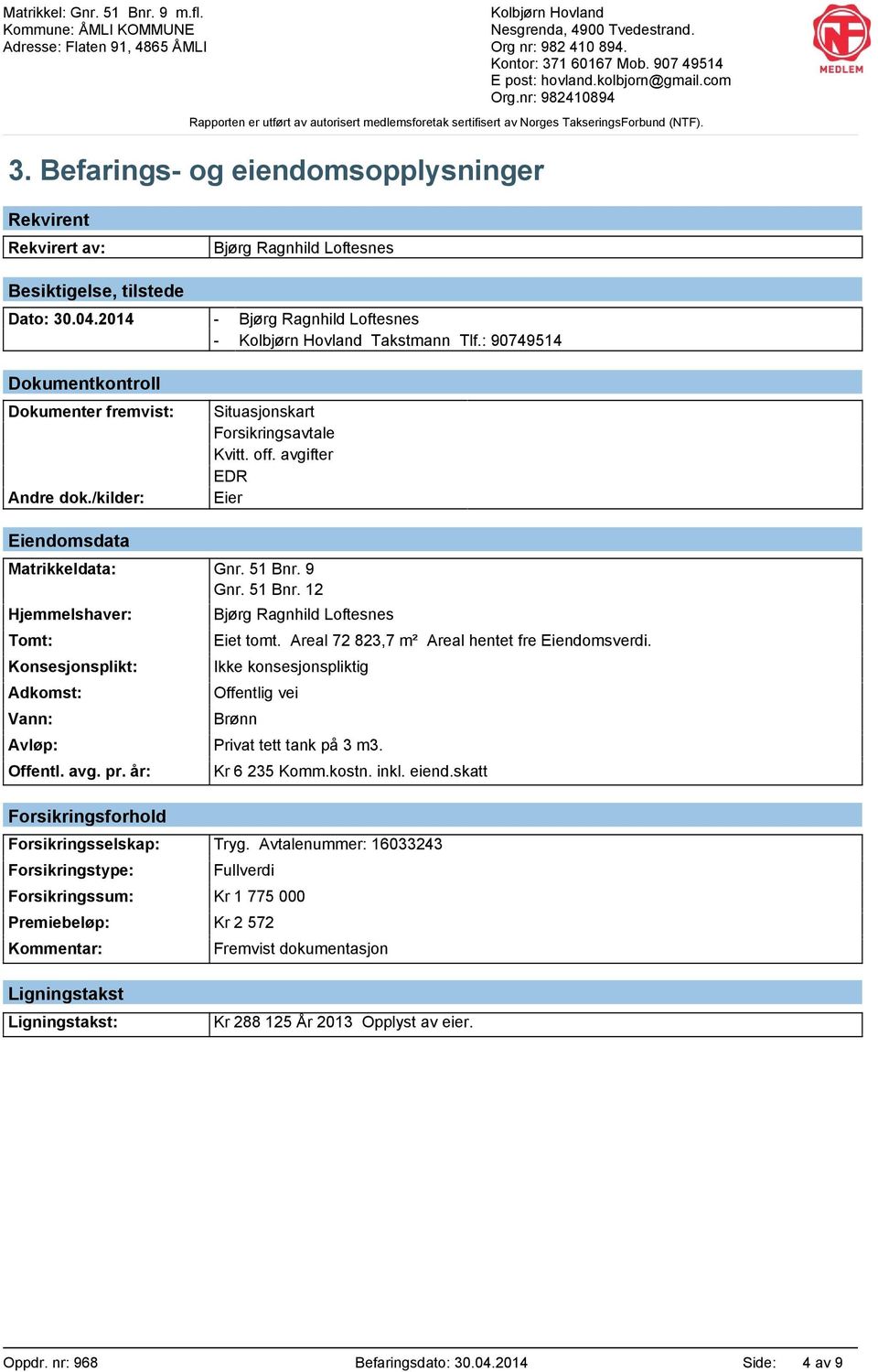 9 Gnr. 51 Bnr. 12 Hjemmelshaver: Bjørg Ragnhild Loftesnes Tomt: Eiet tomt. Areal 72 823,7 m² Areal hentet fre Eiendomsverdi.