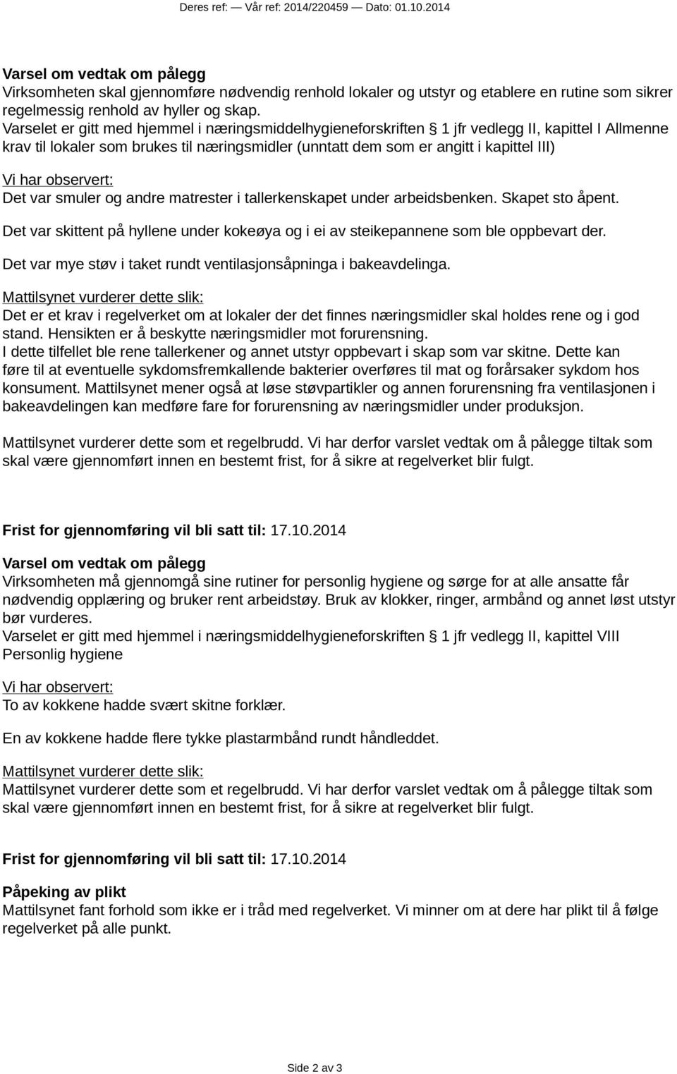 Varselet er gitt med hjemmel i næringsmiddelhygieneforskriften 1 jfr vedlegg II, kapittel I Allmenne krav til lokaler som brukes til næringsmidler (unntatt dem som er angitt i kapittel III) Vi har