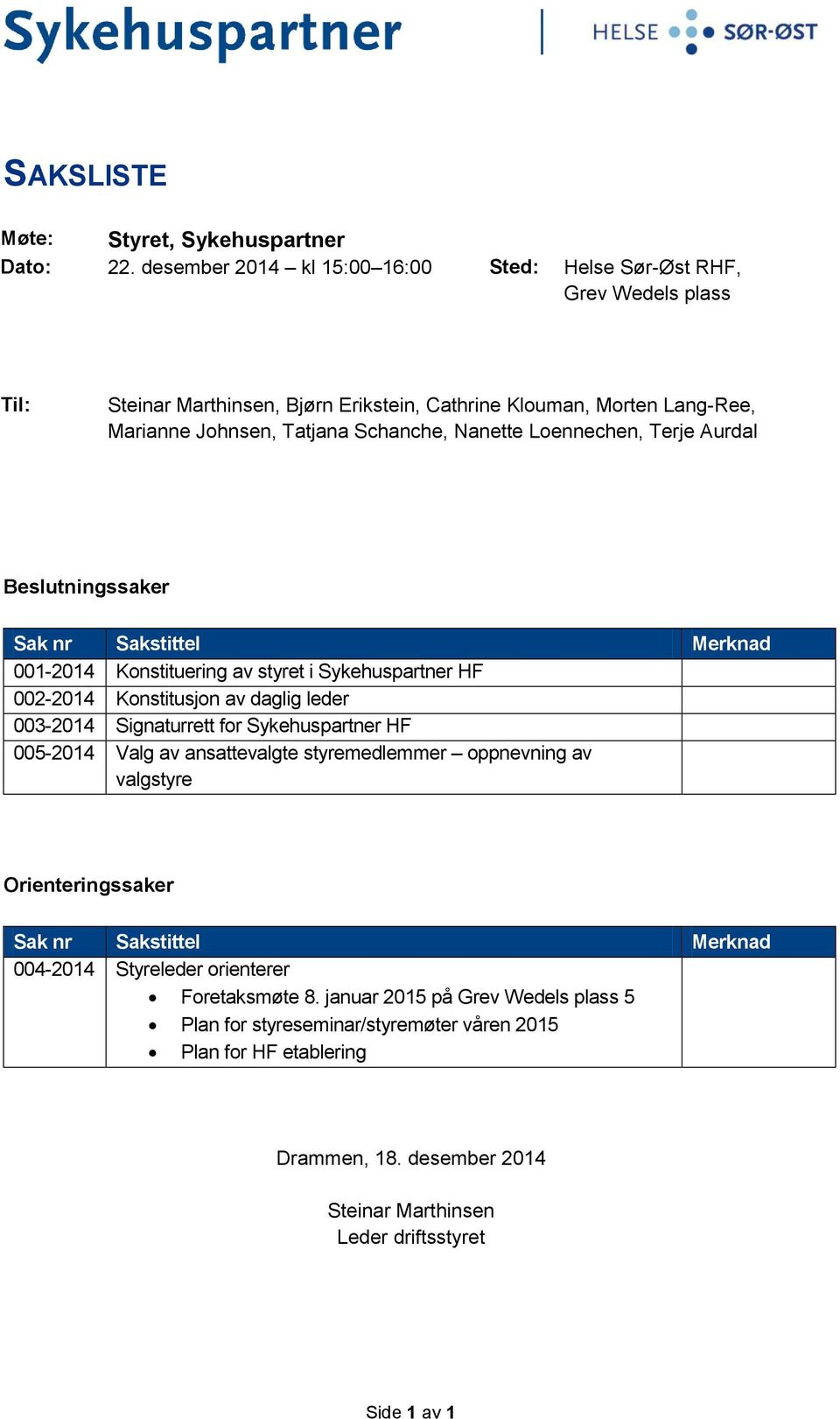 Loennechen, Terje Aurdal Beslutningssaker Sak nr Sakstittel Merknad 001-2014 Konstituering av styret i Sykehuspartner HF 002-2014 Konstitusjon av daglig leder 003-2014 Signaturrett