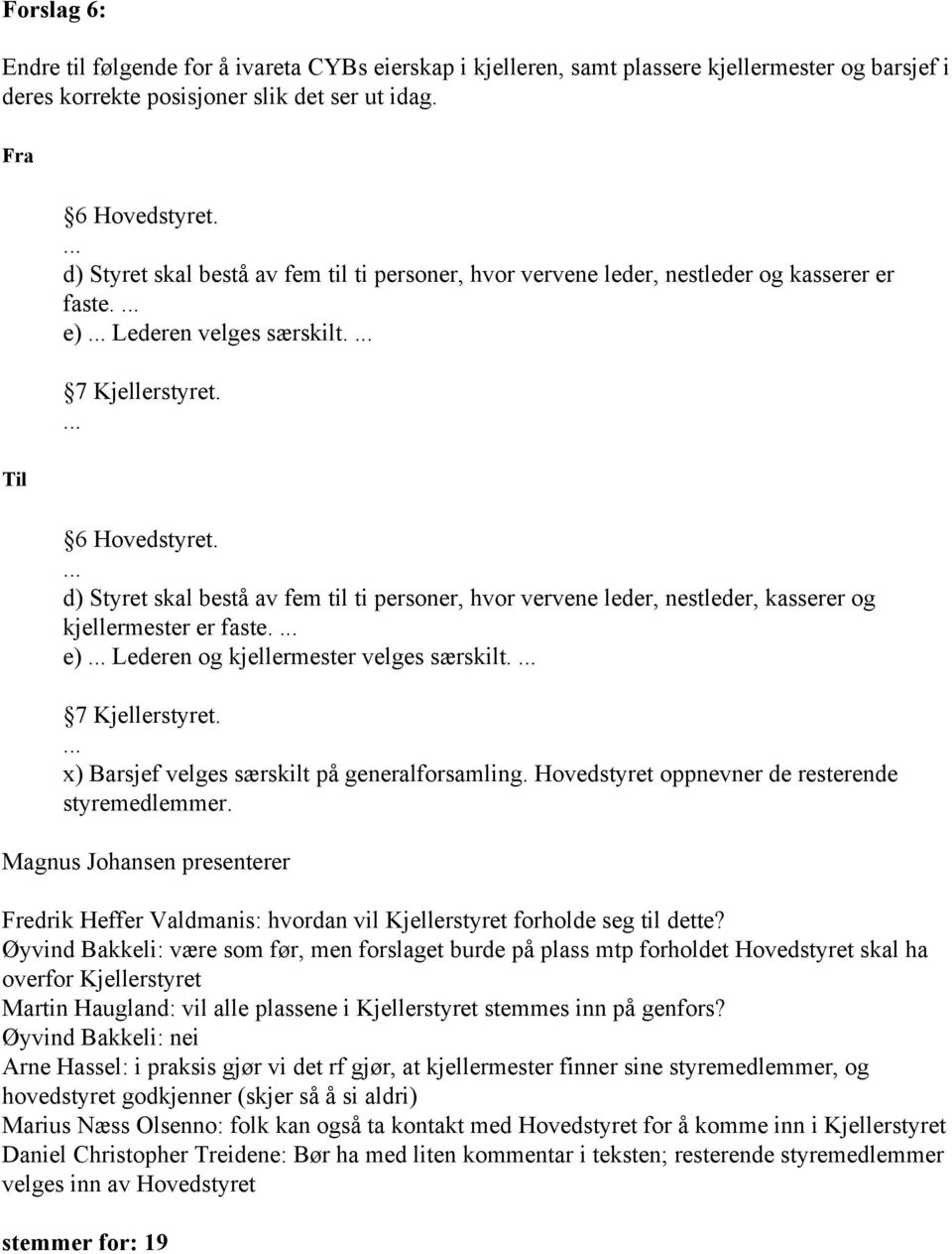 d) Styret skal bestå av fem til ti personer, hvor vervene leder, nestleder, kasserer og kjellermester er faste. e) Lederen og kjellermester velges særskilt.