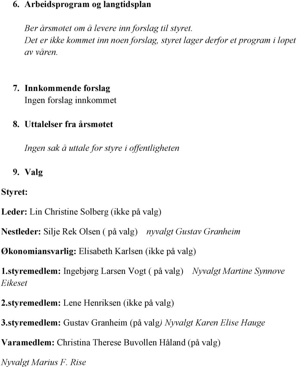 Valg Styret: Leder: Lin Christine Solberg (ikke på valg) Nestleder: Silje Rek Olsen ( på valg) nyvalgt Gustav Granheim Økonomiansvarlig: Elisabeth Karlsen (ikke på valg) 1.