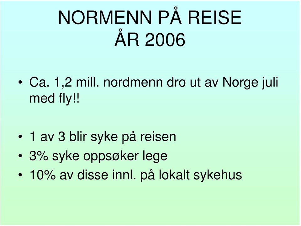 ! 1 av 3 blir syke på reisen 3% syke