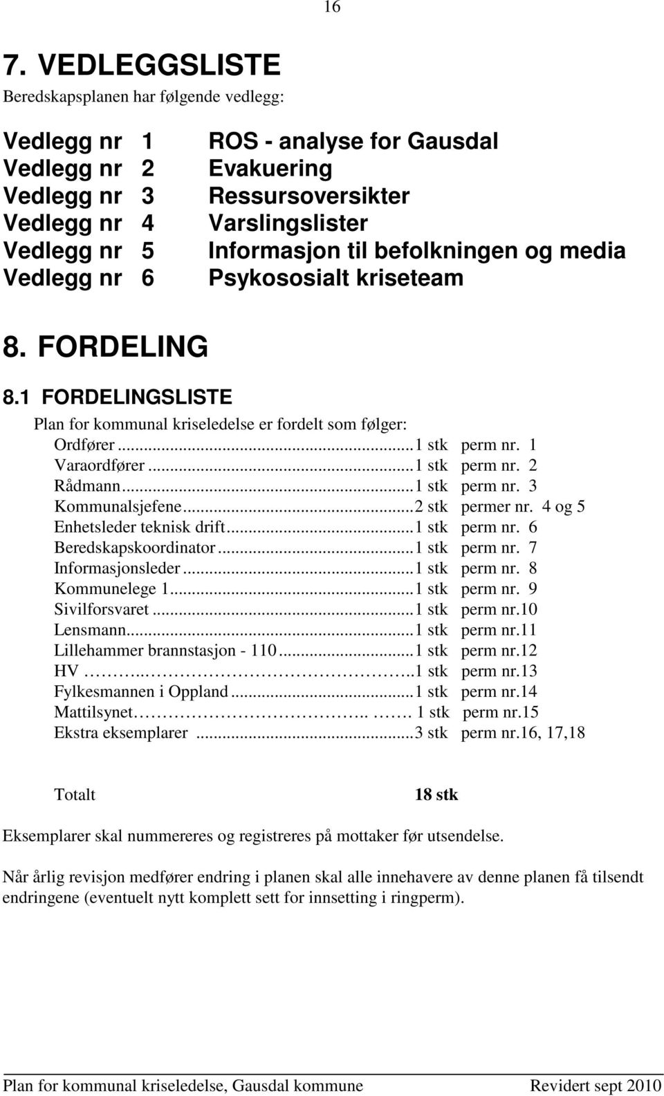 1 Varaordfører...1 stk perm nr. 2 Rådmann...1 stk perm nr. 3 Kommunalsjefene...2 stk permer nr. 4 og 5 Enhetsleder teknisk drift...1 stk perm nr. 6 Beredskapskoordinator...1 stk perm nr. 7 Informasjonsleder.