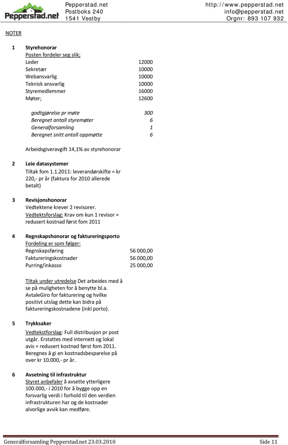 Vedtektsforslag: Krav om kun 1 revisor = redusert kostnad først fom 2011 4 Regnskapshonorar og faktureringsporto Fordeling er som følger: Regnskapsføring 56 000,00 Faktureringskostnader 56 000,00