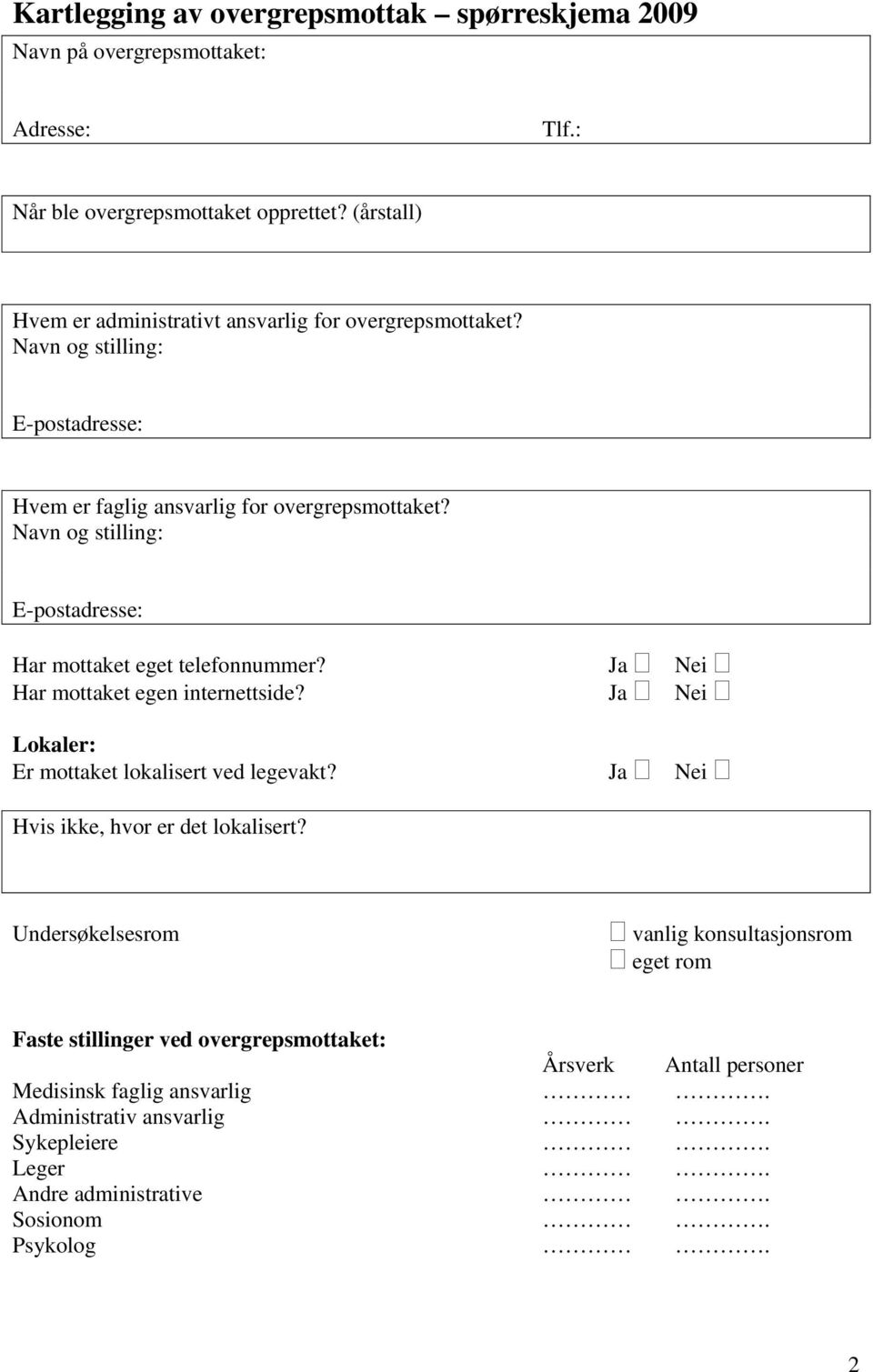 Navn og stilling: E-postadresse: Har mottaket eget telefonnummer? Ja Nei Har mottaket egen internettside? Ja Nei Lokaler: Er mottaket lokalisert ved legevakt?