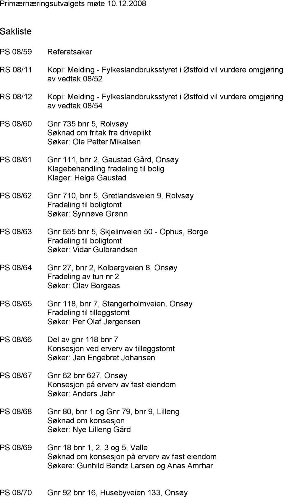 Melding - Fylkeslandbruksstyret i Østfold vil vurdere omgjøring av vedtak 08/54 Gnr 735 bnr 5, Rolvsøy Søknad om fritak fra driveplikt Søker: Ole Petter Mikalsen Gnr 111, bnr 2, Gaustad Gård, Onsøy