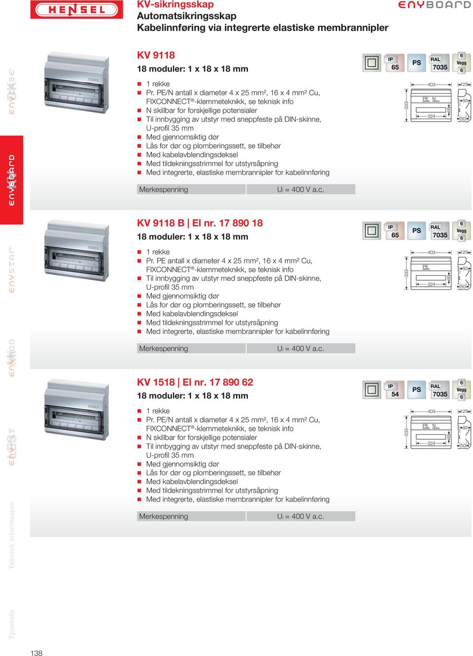 17 890 18 6 18 moduler: 1 x 18 x 18 mm Pr. antall x diameter 4 x 25 mm², 16 x 4 mm² Cu, 1518 El nr.