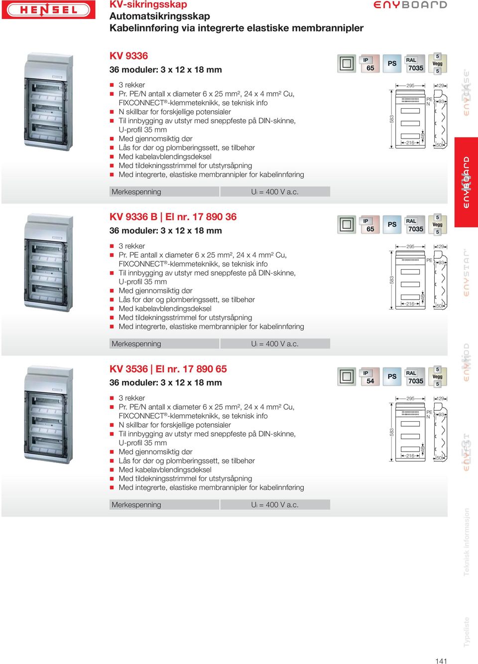 17 890 36 5 36 moduler: 3 x 12 x 18 mm 3 rekker Pr. antall x diameter 6 x 25 mm², 24 x 4 mm² Cu, 3536 El nr.