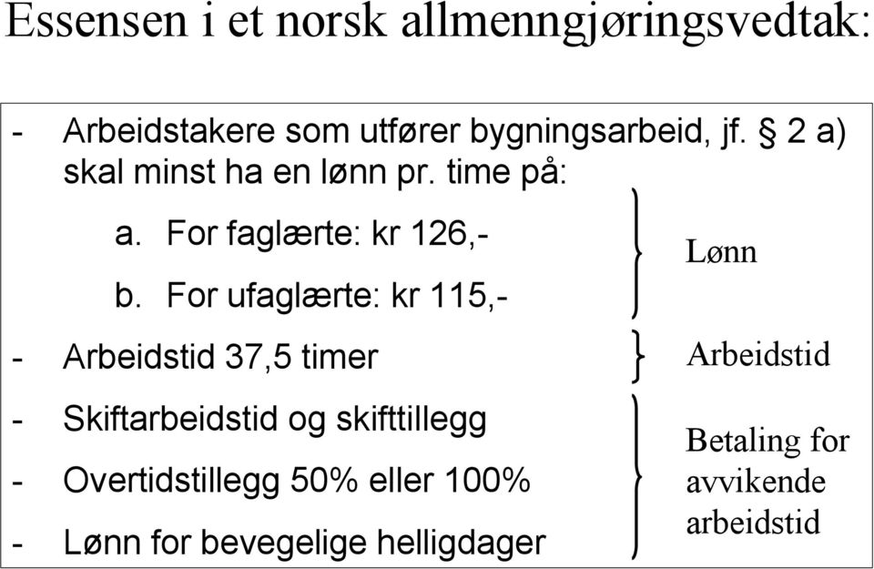 For ufaglærte: kr 115,- - Arbeidstid 37,5 timer - Skiftarbeidstid og skifttillegg -