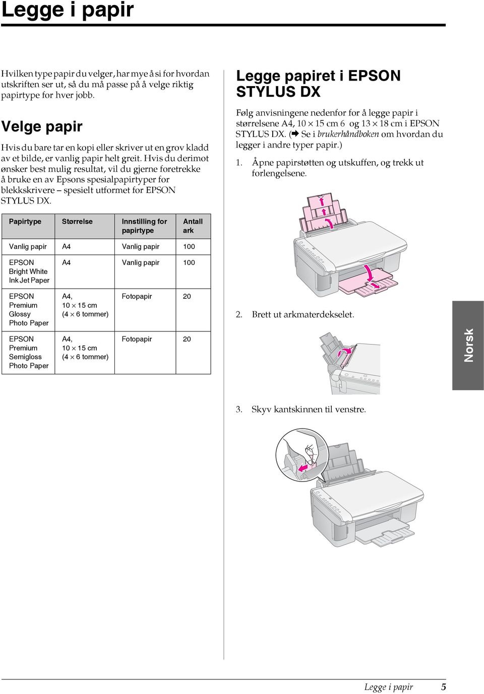 Hvis du derimot ønsker best mulig resultat, vil du gjerne foretrekke å bruke en av Epsons spesialpapirtyper for blekkskrivere spesielt utformet for EPSON STYLUS DX.