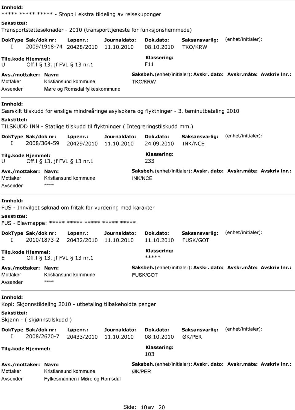 teminutbetaling 2010 TLSKDD NN - Statlige tilskudd til flyktninger ( ntegreringstilskudd mm.) 2008/364-59 20429/2010 24.09.2010 NK/NC 233 Avs./mottaker: Navn: Saksbeh. Avskr. dato: Avskr.