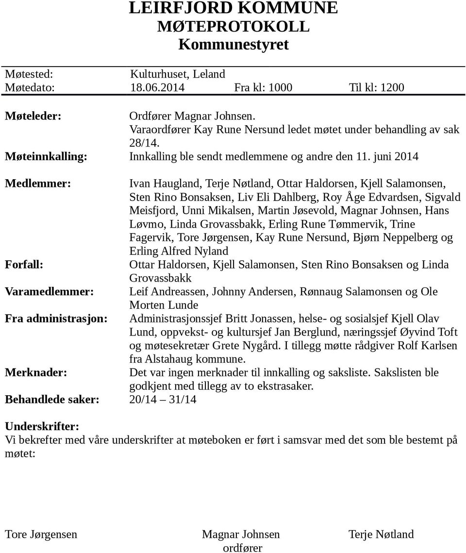 juni 2014 Medlemmer: Ivan Haugland, Terje Nøtland, Ottar Haldorsen, Kjell Salamonsen, Sten Rino Bonsaksen, Liv Eli Dahlberg, Roy Åge Edvardsen, Sigvald Meisfjord, Unni Mikalsen, Martin Jøsevold,