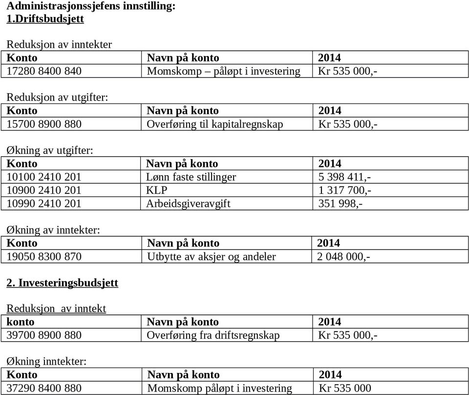 Arbeidsgiveravgift 351 998,- Økning av inntekter: 19050 8300 870 Utbytte av aksjer og andeler 2 048 000,- 2.