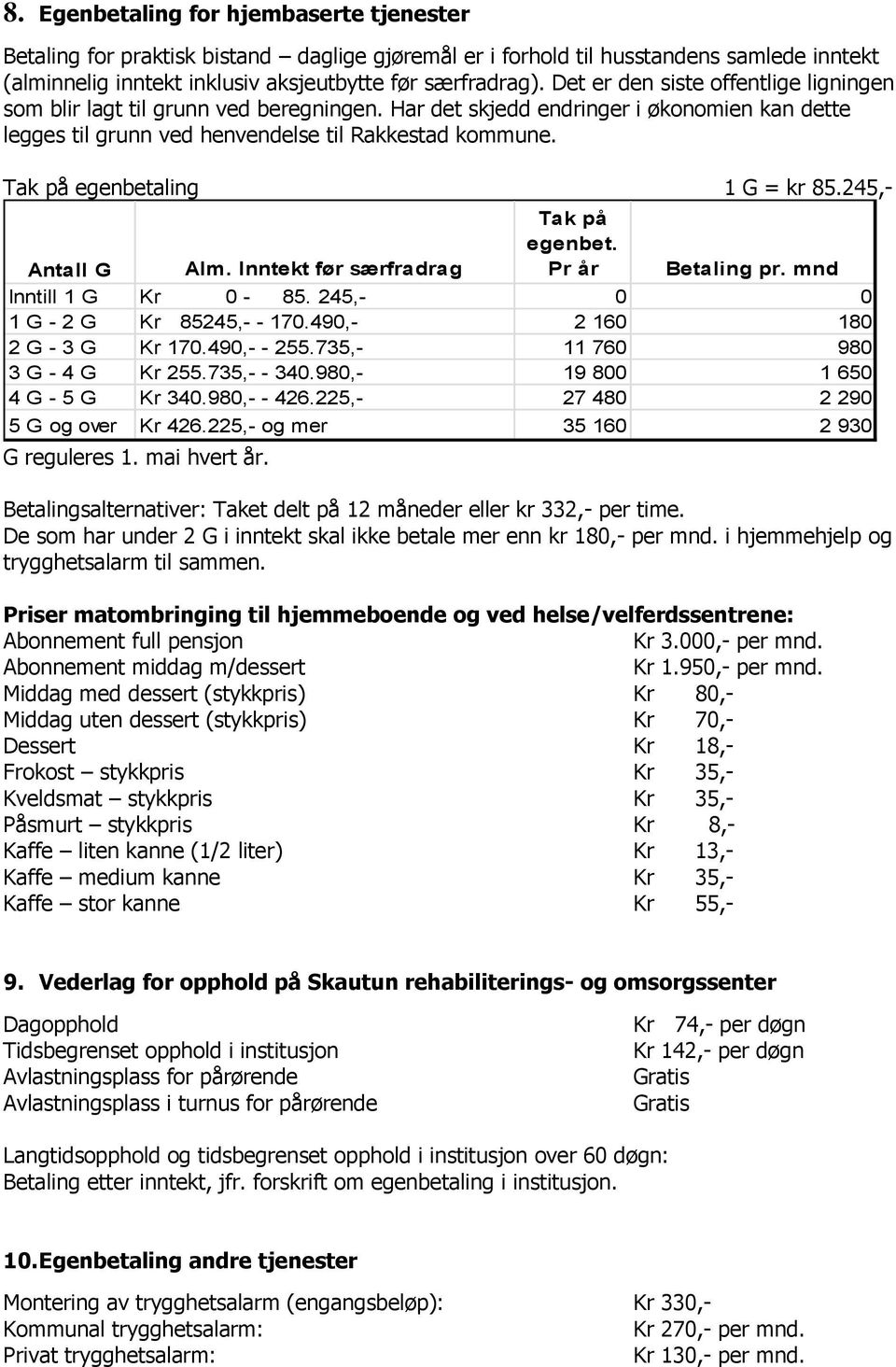 Tak på egenbetaling 1 G = kr 85.245,- Antall G Alm. Inntekt før særfradrag Tak på egenbet. Pr år Betaling pr. mnd Inntill 1 G Kr 0-85. 245,- 0 0 1 G - 2 G Kr 85245,- - 170.