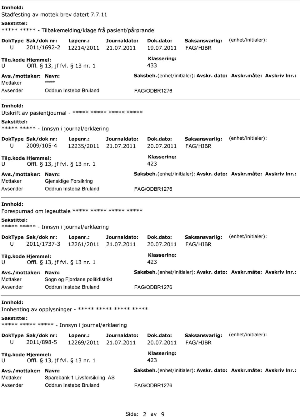 Oddrun nstebø Bruland Førespurnad om legeuttale - nnsyn i journal/erklæring 2011/1737-3 12261/2011 Mottaker Sogn og Fjordane politidistrikt