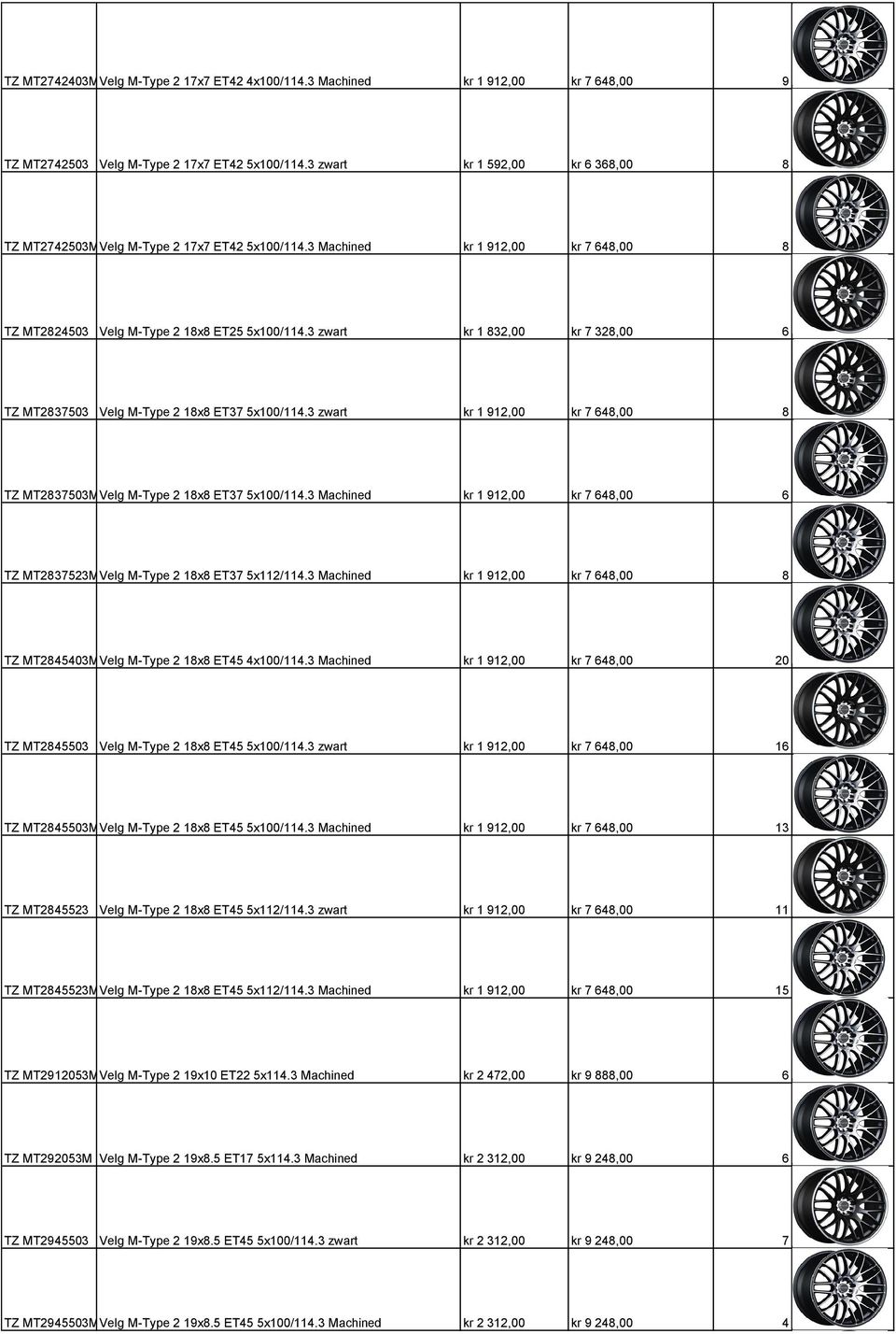 3 zwart kr 1 832,00 kr 7 328,00 6 TZ MT2837503 Velg M-Type 2 18x8 ET37 5x100/114.3 zwart kr 1 912,00 kr 7 648,00 8 TZ MT2837503MVelg M-Type 2 18x8 ET37 5x100/114.