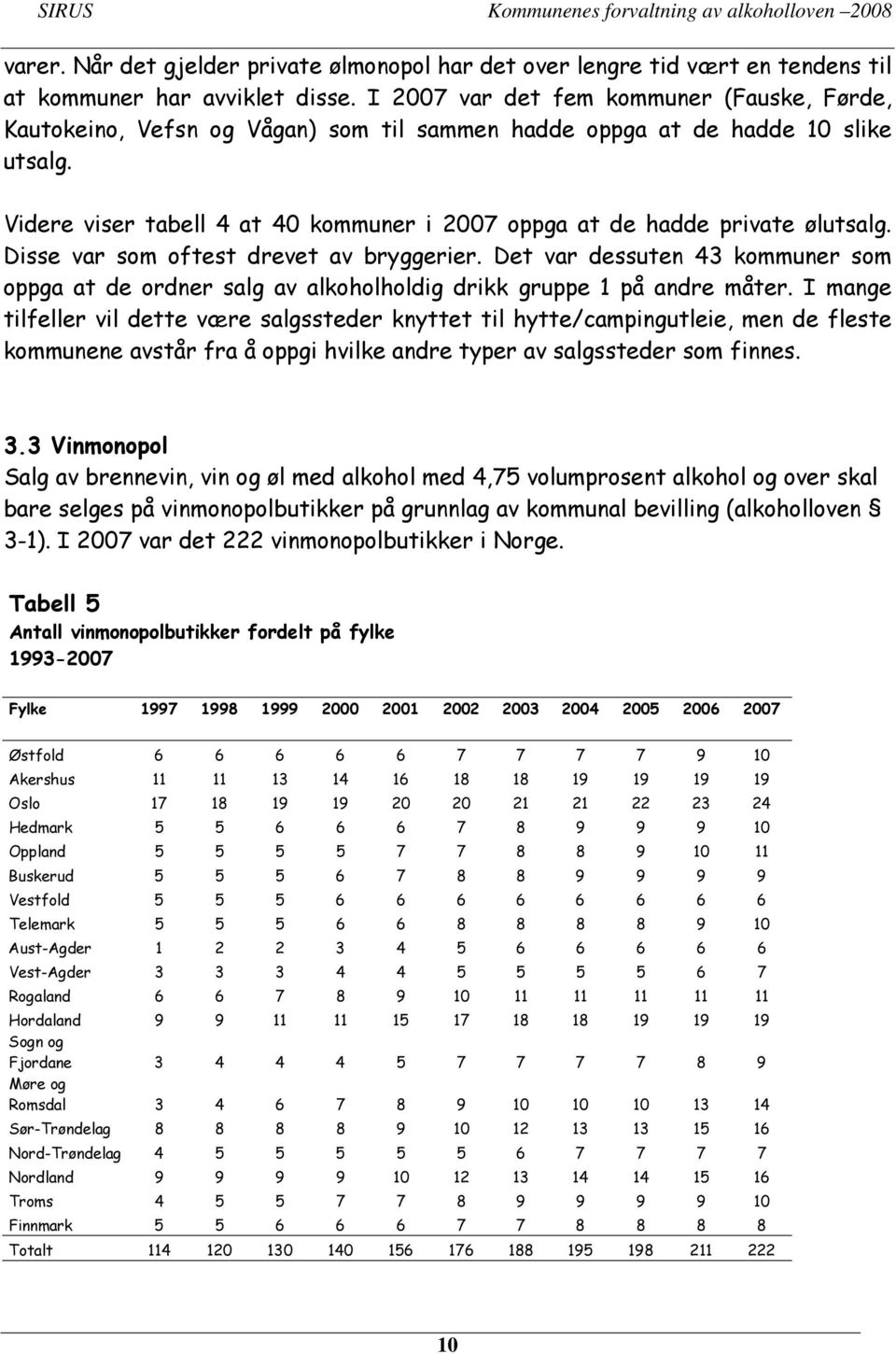 Videre viser tabell 4 at 40 kommuner i 2007 oppga at de hadde private ølutsalg. Disse var som oftest drevet av bryggerier.