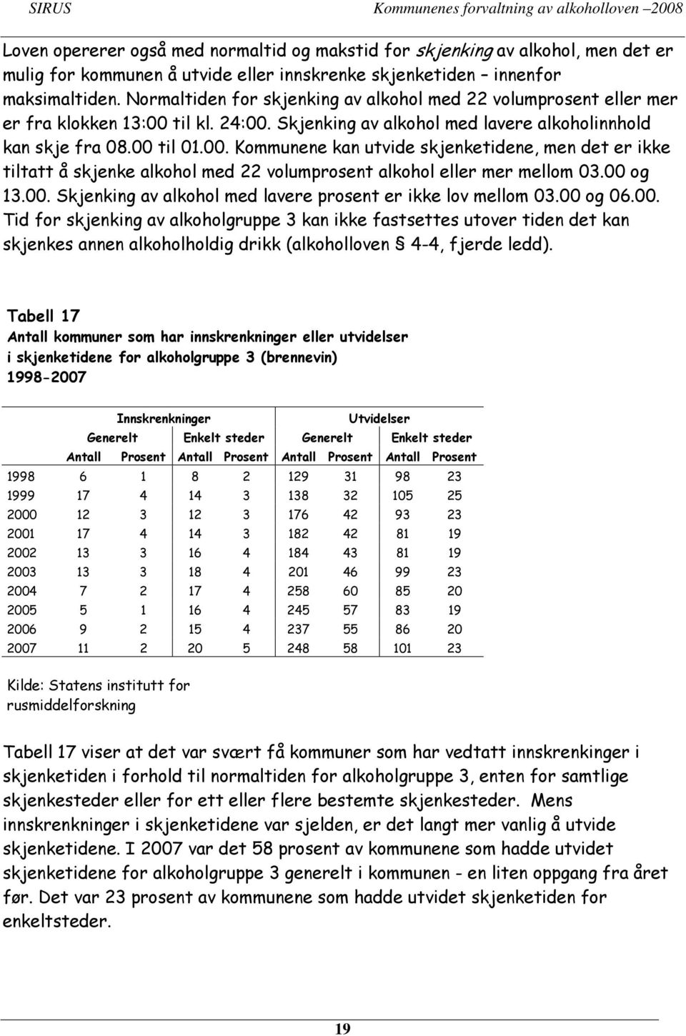 til kl. 24:00. Skjenking av alkohol med lavere alkoholinnhold kan skje fra 08.00 til 01.00. Kommunene kan utvide skjenketidene, men det er ikke tiltatt å skjenke alkohol med 22 volumprosent alkohol eller mer mellom 03.