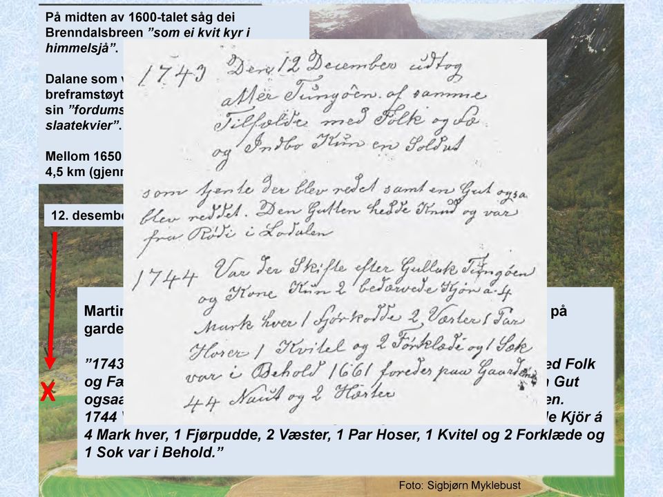 desember 1743 Martins Eirikson Bødal (1819-1904, lærar og klokkar i Loen, budde på garden Melheim i Olden) skreiv ned følgjande om Tungøen: X 1743 Den 12 December udtog atter Tungøen af samme