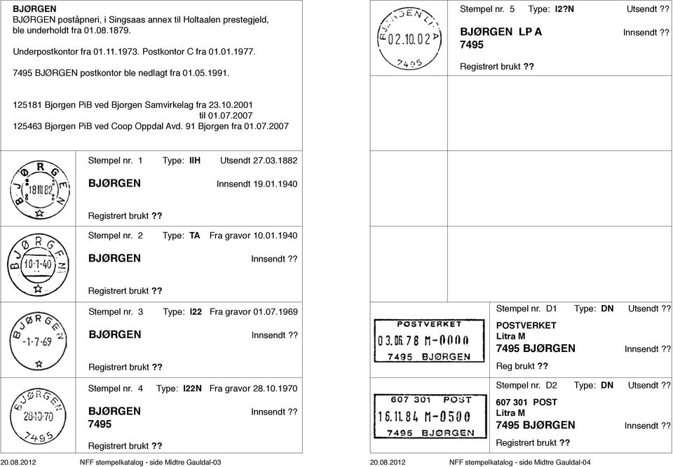 2007 125463 Bjørgen PiB ved Coop Oppdal Avd. 91 Bjørgen fra 01.07.2007 Stempel nr. 1 Type: IIH Utsendt 27.03.1882 BJØRGEN Innsendt 19.01.1940 Stempel nr. 2 Type: TA Fra gravør 10.01.1940 BJØRGEN Innsendt Stempel nr.