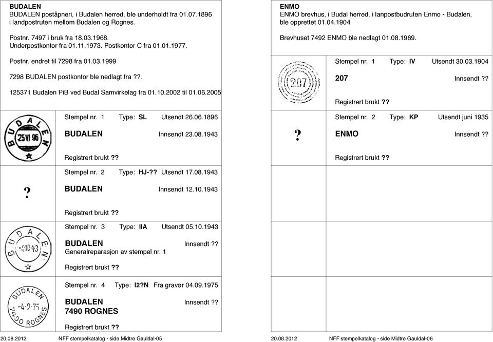 2005 ENMO ENMO brevhus, i Budal herred, i lanpostbudruten Enmo - Budalen, ble opprettet 01.04.1904 Brevhuset 7492 ENMO ble nedlagt 01.08.1969. Stempel nr. 1 Type: IV Utsendt 30.03.