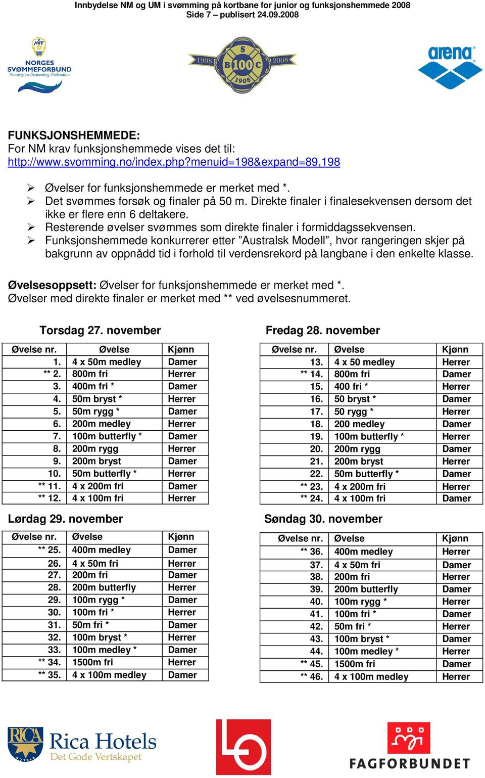 Funksjonshemmede konkurrerer etter Australsk Modell, hvor rangeringen skjer på bakgrunn av oppnådd tid i forhold til verdensrekord på langbane i den enkelte klasse.