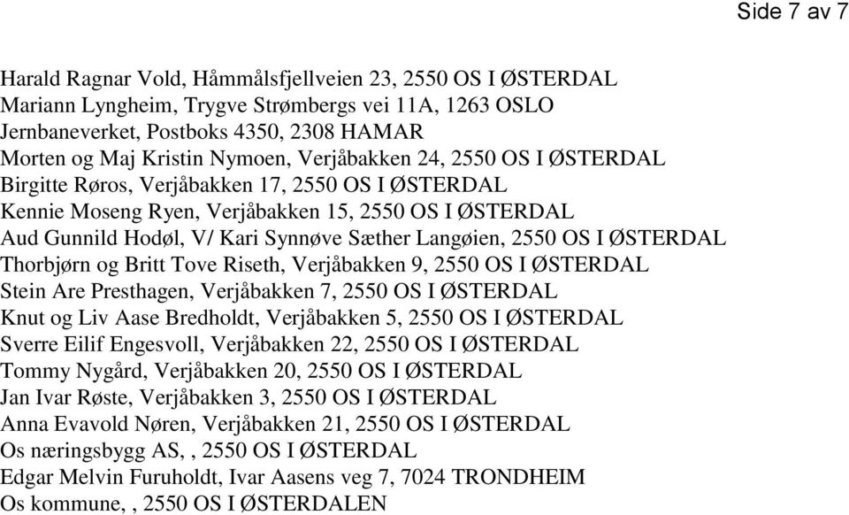 Thorbjørn og Britt Tove Riseth, Verjåbakken 9, 2550 OS I ØSTERDAL Stein Are Presthagen, Verjåbakken 7, 2550 OS I ØSTERDAL Knut og Liv Aase Bredholdt, Verjåbakken 5, 2550 OS I ØSTERDAL Sverre Eilif