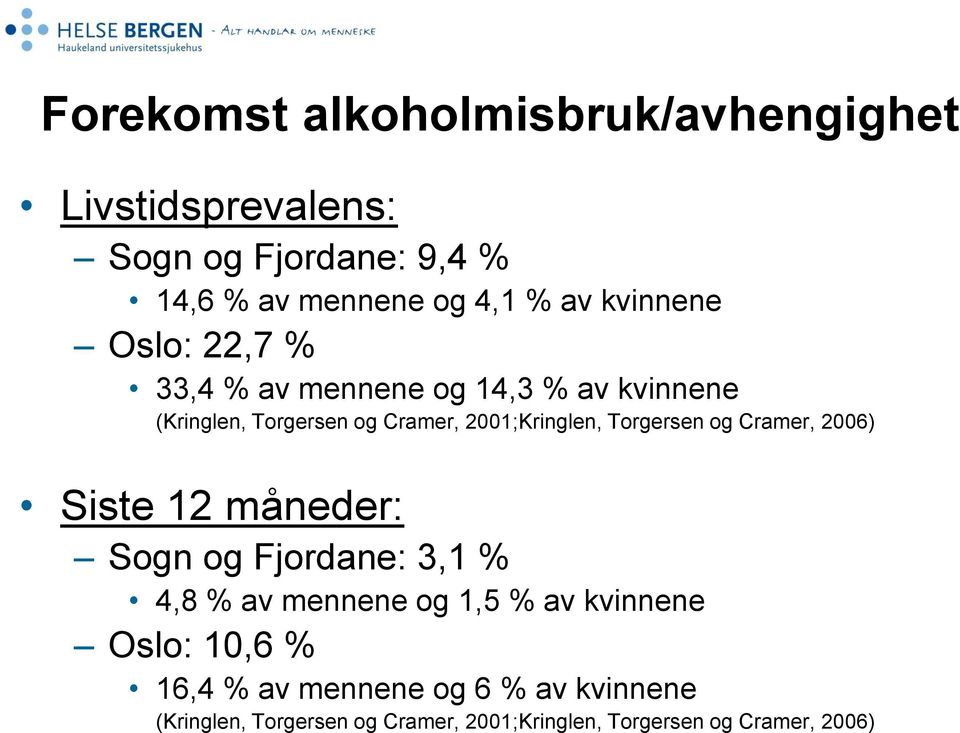 Torgersen og Cramer, 2006) Siste 12 måneder: Sogn og Fjordane: 3,1 % 4,8 % av mennene og 1,5 % av kvinnene Oslo: