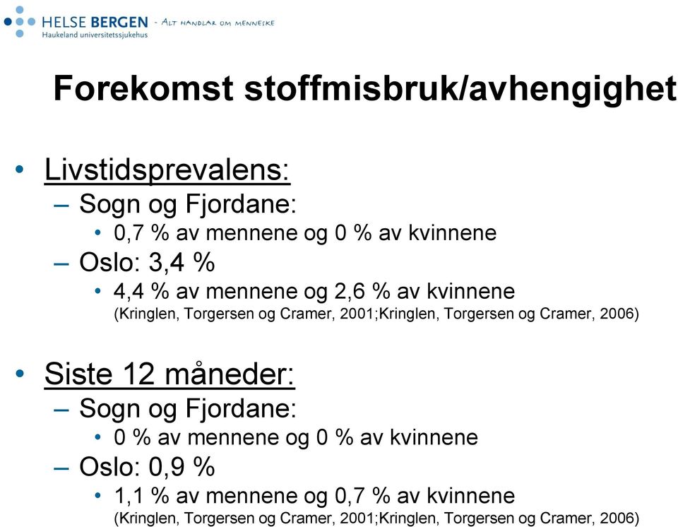 Torgersen og Cramer, 2006) Siste 12 måneder: Sogn og Fjordane: 0 % av mennene og 0 % av kvinnene Oslo: 0,9