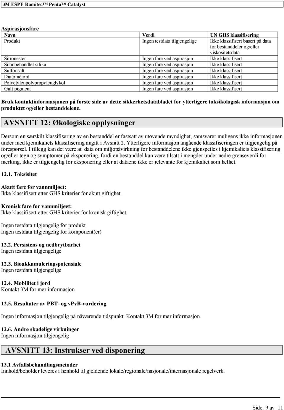 fare ved aspirasjon Bruk kontaktinformasjonen på første side av dette sikkerhetsdatabladet for ytterligere toksikologisk informasjon om produktet og/eller bestanddelene.