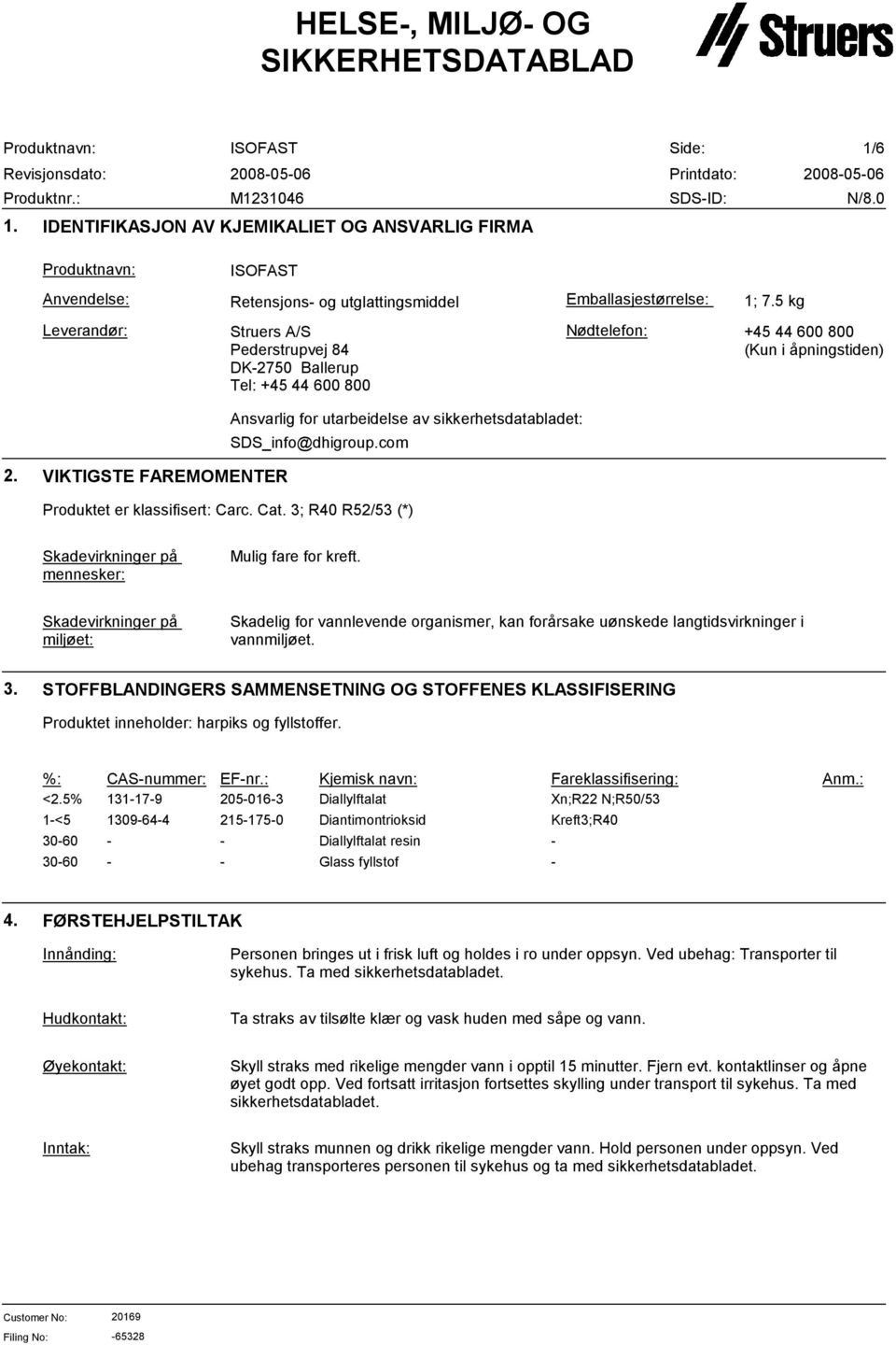 com 2. VIKTIGSTE FAREMOMENTER Produktet er klassifisert: Carc. Cat. 3; R40 R52/53 (*) Skadevirkninger på mennesker: Mulig fare for kreft.