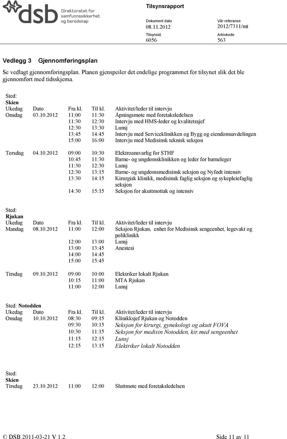 2012 11:00 11:30 Åpningsmøte med foretaksledelsen 11:30 12:30 Intervju med HMS-leder og kvalitetssjef 12:30 13:30 Lunsj 13:45 14:45 Intervju med Serviceklinikken og Bygg og eiendomsavdelingen 15:00