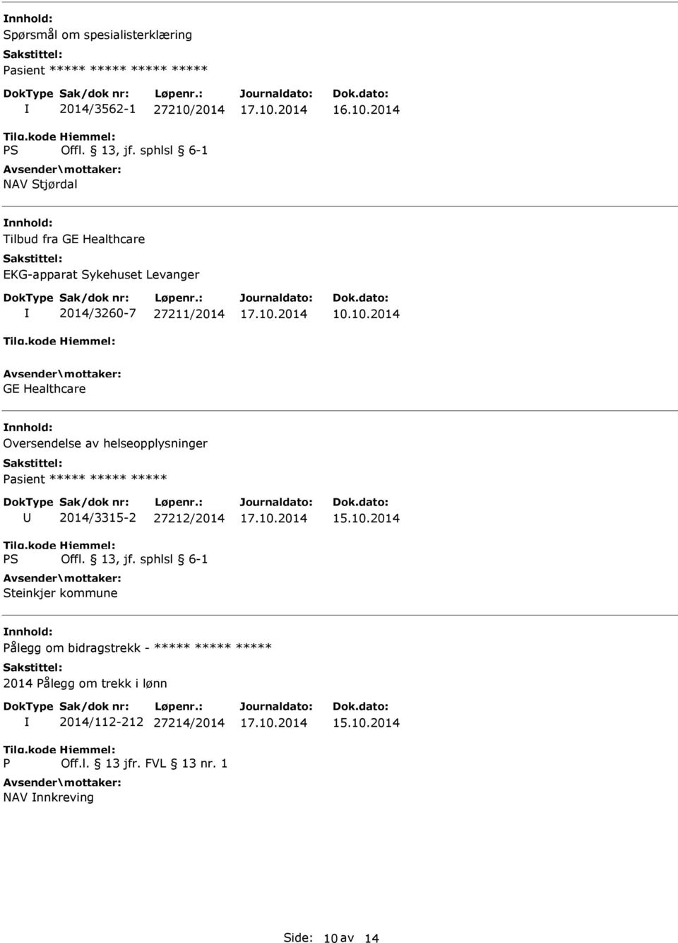 10.2014 GE Healthcare Oversendelse av helseopplysninger 2014/3315-2 27212/2014 Steinkjer
