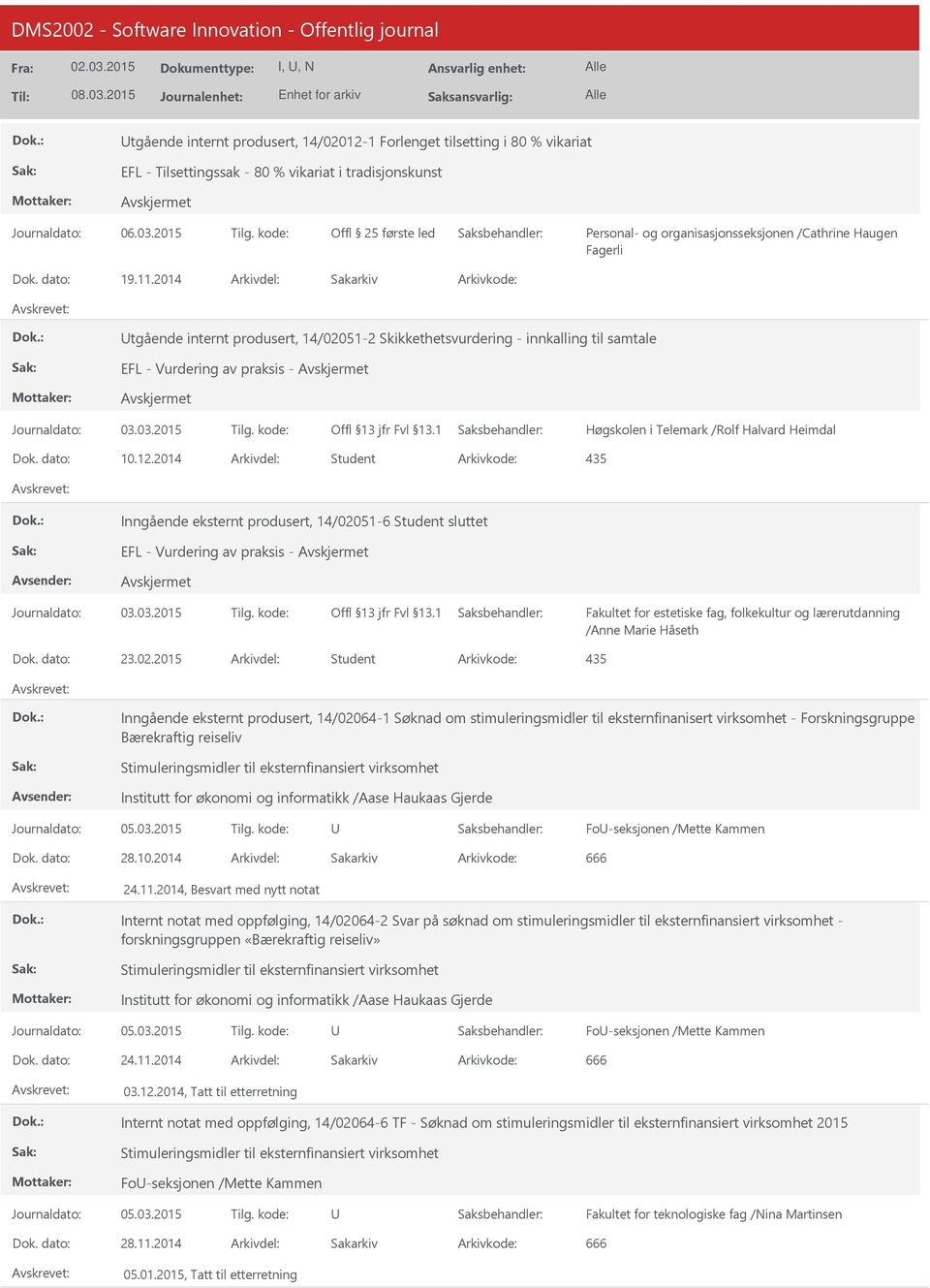 2014 Arkivdel: Sakarkiv Arkivkode: tgående internt produsert, 14/02051-2 Skikkethetsvurdering - innkalling til samtale EFL - Vurdering av praksis - Høgskolen i Telemark /Rolf Halvard Heimdal Dok.