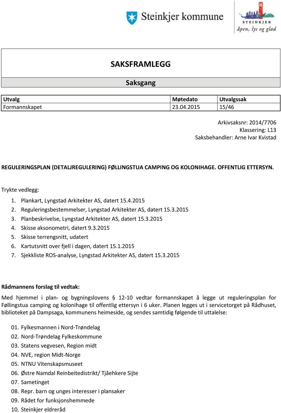 Plankart, Lyngstad Arkitekter AS, datert 15.4.2015 2. Reguleringsbestemmelser, Lyngstad Arkitekter AS, datert 15.3.2015 3. Planbeskrivelse, Lyngstad Arkitekter AS, datert 15.3.2015 4.