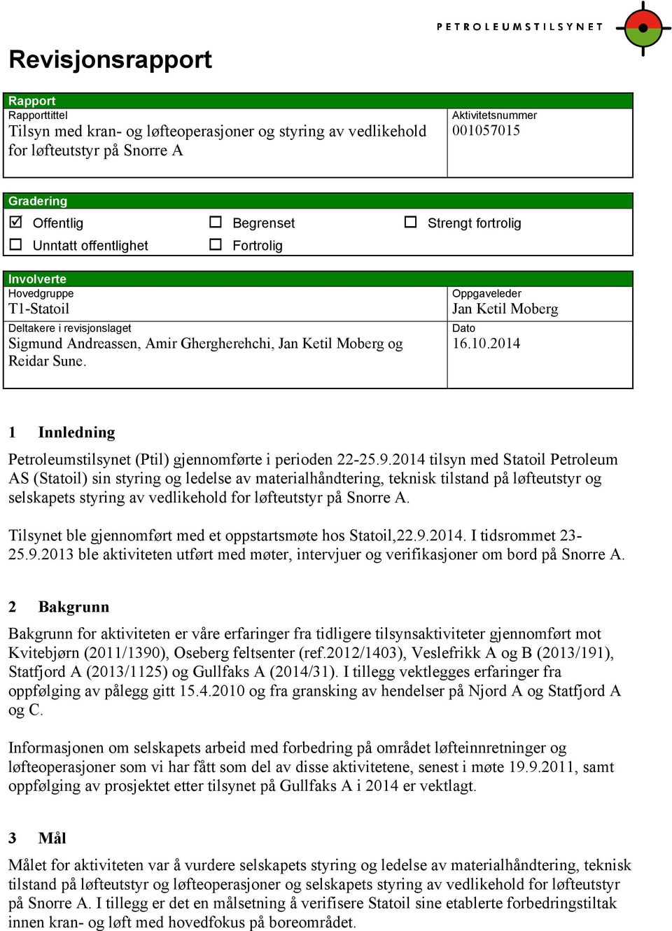 Oppgaveleder Jan Ketil Moberg Dato 16.10.2014 1 Innledning Petroleumstilsynet (Ptil) gjennomførte i perioden 22-25.9.