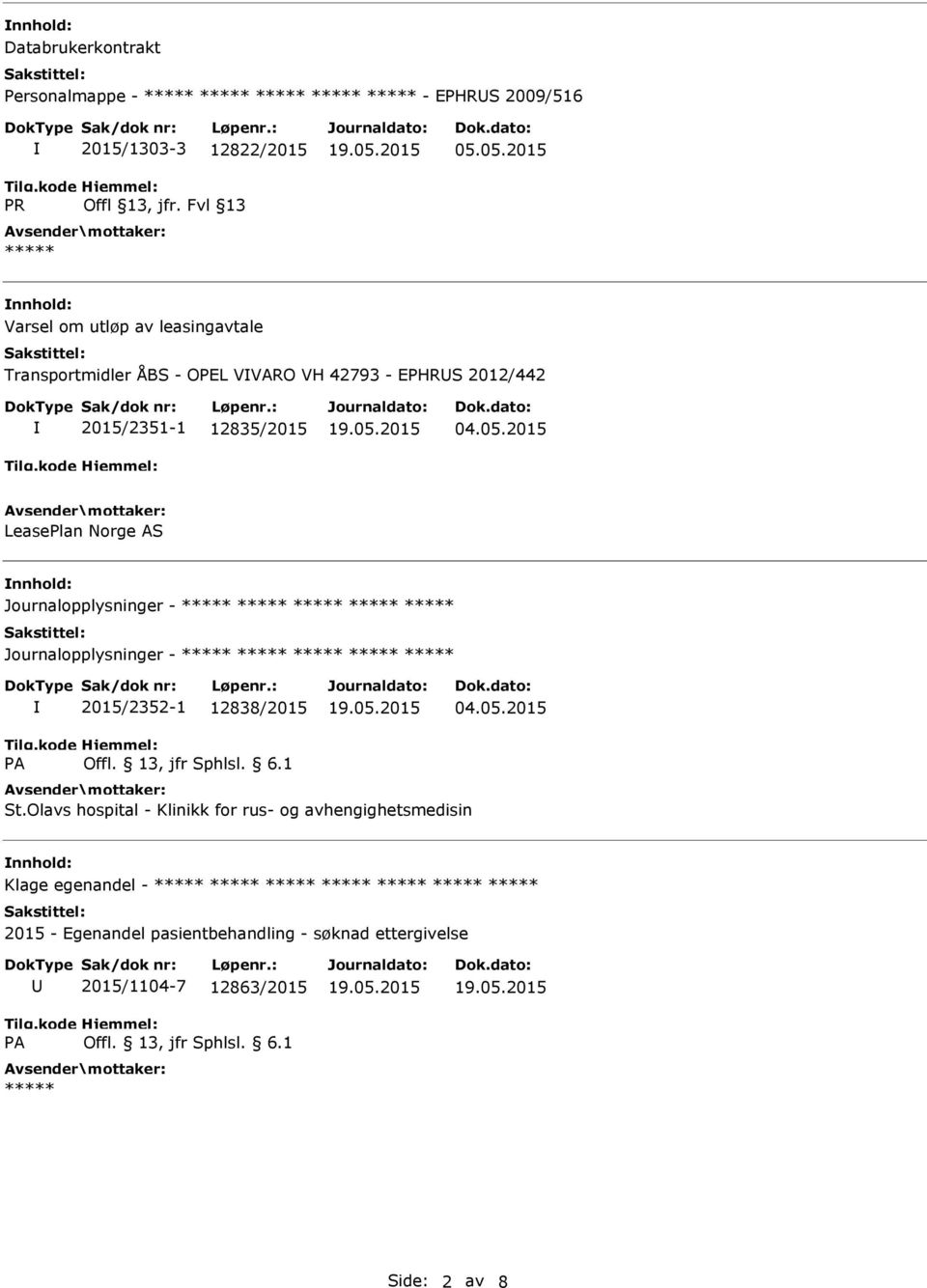 05.2015 LeasePlan Norge AS Journalopplysninger - Journalopplysninger - 2015/2352-1 12838/2015 04.05.2015 St.