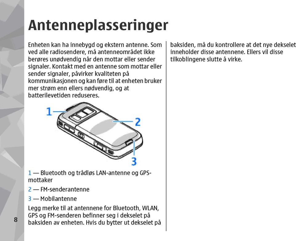 batterilevetiden reduseres. baksiden, må du kontrollere at det nye dekselet inneholder disse antennene. Ellers vil disse tilkoblingene slutte å virke.