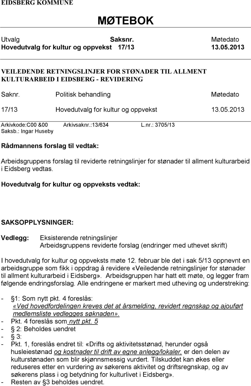 : Ingar Huseby Rådmannens forslag til vedtak: Arbeidsgruppens forslag til reviderte retningslinjer for stønader til allment kulturarbeid i Eidsberg vedtas.