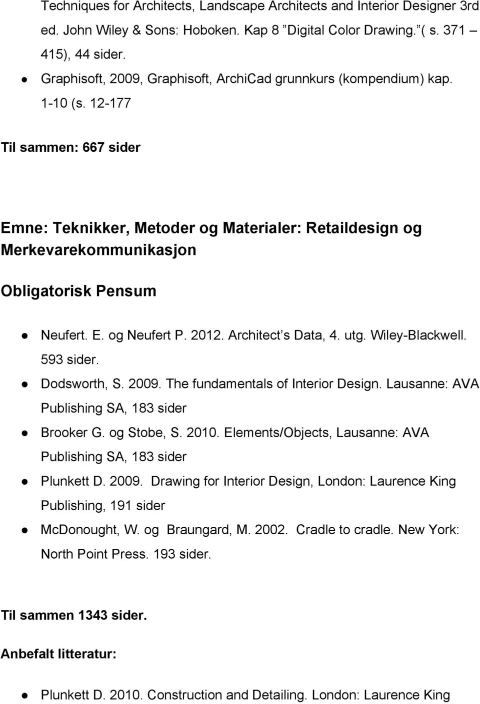 2012. Architect s Data, 4. utg. Wiley Blackwell. 593 sider. Dodsworth, S. 2009. The fundamentals of Interior Design. Lausanne: AVA Publishing SA, 183 sider Brooker G. og Stobe, S. 2010.